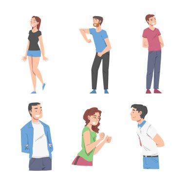 Neşeli Erkek ve Kadın Karakter Gülümseyen Neşeli ve Heyecanlı Vektör Seti. Neşeli Adam ve Kadın Konuşuyor ve Hareketli Mutluluk Duygusu