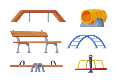 Tahta Tahta Tahterevalli, Bench, Metro, Merdiven ve Atlıkarınca Vector setli oyun alanı ekipmanları. Oyun ve Fiziksel Faaliyet Konsepti İçin Park Alanı Elementi