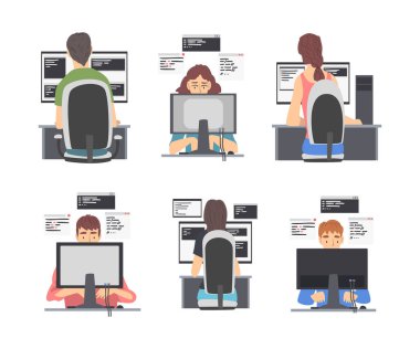 Bilgisayar Ekran Vektörü İllüstrasyon Kümesi Önünde Çalışan Web Geliştirici ya da Programcı. Yazılım Uzmanı Erkek ve Kadın Dünya Çapında Web Uygulamaları Konseptini Geliştirmeye Çalıştı