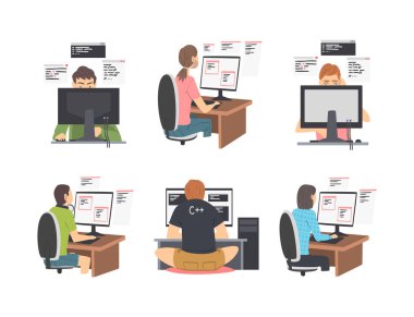 Bilgisayar Ekran Vektörü İllüstrasyon Kümesi Önünde Çalışan Web Geliştirici ya da Programcı. Yazılım Uzmanı Erkek ve Kadın Dünya Çapında Web Uygulamaları Konseptini Geliştirmeye Çalıştı