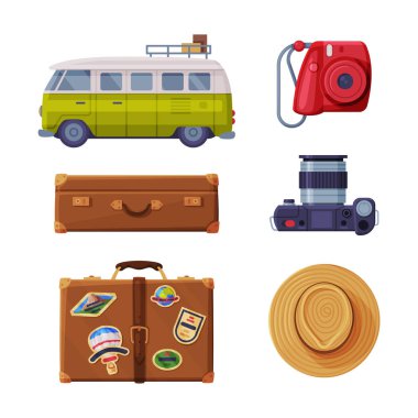 Van, Kamera, Bagaj ve Şapka Vector Set ile Seyahat Zamanı ve Turizm Sembolü. Gezgin Şehveti ve Yabancı Ülkeye Yolculuk