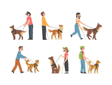 Eğitimli yardım hayvanı olarak Kör Adam ve Kadın Rehber Köpek ve Görme Vector Set. Önde Gelen Görme Engelli Erkek ve Kadın Arkadaş