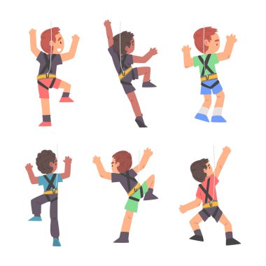 Küçük Çocuk Kayalık Kaya ya da Duvar 'a Kayalık İp İp İp İle Tırmanıyor. Aktif Çocuk Dağcı Ekstrem Spor Etkinliği Yapıyor