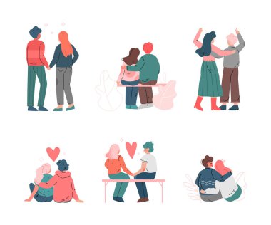 Mutlu Romantik Çift Oturuyor ve Geçmişe Kucaklıyor Vektör Resimleri Seti. Genç Adam ve Aşık Kadın Birlikte Zaman Geçiriyorlar Kavramı