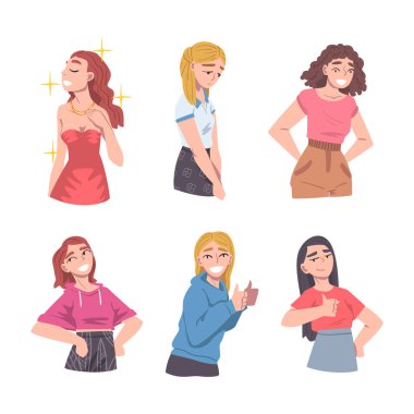 Farklı ruh hali ve duygu vektörü seti olan genç bir kadın. Kadın Duygu ve İfade Gösterisi Konsepti