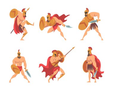 Spartan Adam Kırmızı Pelerinli ve Miğferli Mızrak ve Kalkan Vektör Seti ile donatılmış. Vatandaş Asker veya Antik Yunan Savaşçısı Kavramı