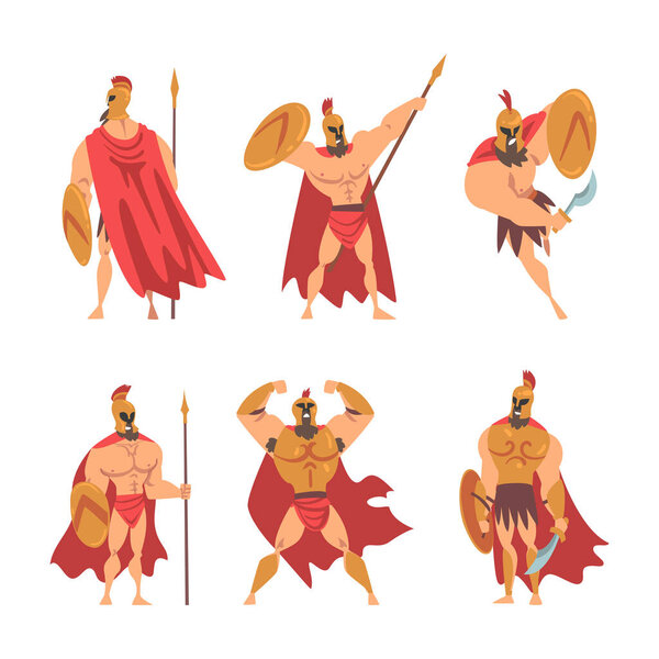 Spartan Man in Red Cloak and Helmet Armed with Spear and Shield Vector Set. Citizen Soldier or Warrior from Ancient Greece Concept