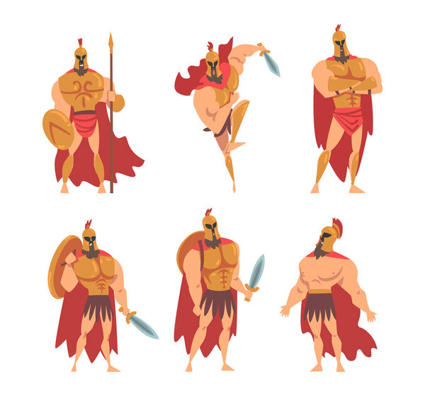 Spartan Man in Red Cloak and Helmet Armed with Spear and Shield Vector Set. Citizen Soldier or Warrior from Ancient Greece Concept