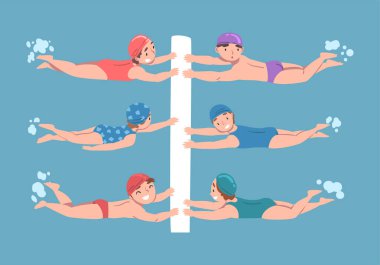Sınıfın vektör setinde havuzda yüzen sevimli çocuklar. Sağlıklı Yaşam Tarzı ve Su Faaliyetleri Konseptine Bağlı Çocuklar
