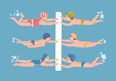 Sınıfın vektör setinde havuzda yüzen sevimli çocuklar. Sağlıklı Yaşam Tarzı ve Su Faaliyetleri Konseptine Bağlı Çocuklar