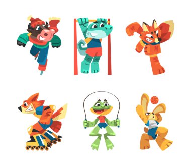 Komik Hayvan Karakteri Spor Oyunu Vektör İllüstrasyonu Seti. Atletik Memeliler Fiziksel Etkinlik Konseptine Bağlandı