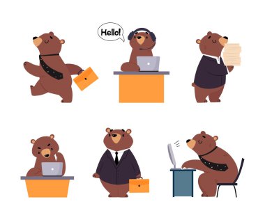 Bear Staff or Office Employee in Tie and Suit Vector Illustration Set. Humanized Animal Character Working in Business Company Concept clipart