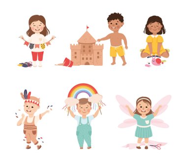 El işi yapan şirin çocuklar yaratıcı hobi vektör setinin tadını çıkarıyor. El yapımı Ögeyi Gösteren Komik Çocuklar