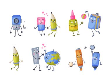 Komik Okul ve Ofis Malzemeleri İnsanlaştırılmış Karakter Vektörü İllüstrasyon Seti. Gülen Yüzlü Şirin Kırtasiye Nesnesi Okula Dönüş Konsepti