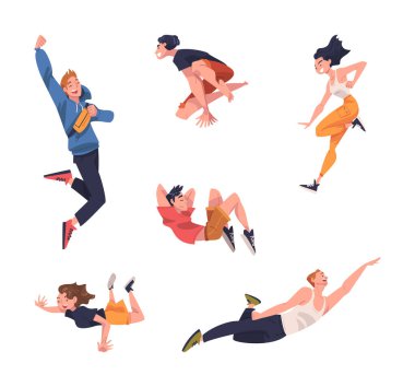 Zıplayan İnsanlar, Özgürlük ve Hareket Hissediyor Orta Hava Vektörü İllüzyonu Seti 'nde Uçuyor. Genç Heyecanlı Adam ve Kadın Sıçrayan Kavram