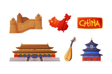 Çin Nesnesi ve Geleneksel Çin Sembol Vektör İllüzyon Seti. Yerli Doğu Asya Ülke Özniteliği