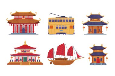 Pagoda, Boat and Tram Vector Illustration Set ile Çin İnşaat ve Ulaşım. Çin Ulaştırma ve Mimarisi Konsepti