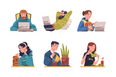 Kendi kendini tecrit eden genç adam ve kadın farklı aktivite vektör çizimleriyle meşguller. Erkek ve Kadın Karantina Döneminde Evde Kalıyor Eğlence Konsepti