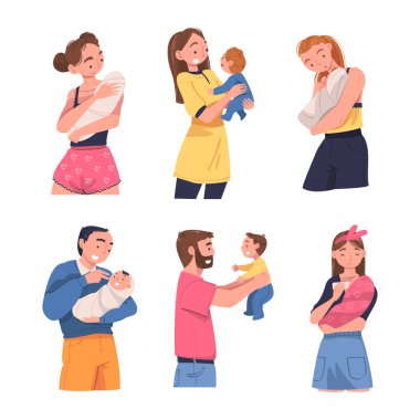 Erkek ve Kadın Kucağında Kucağında Bebek Bakımı Vektör İllüzyon Seti. Genç Erkek ve Kadın Baba ve Anne Bebek ve Yeni doğan Çocuk Şefkat ve Aşk Kavramına Bakıyorlar