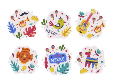 Pinata ile Parlak Meksika Nesnesi, Gitar ve Maske Element Vektör Bileşimi. Renkli Meksika Biçimli Otantik Öznitelik ve Ögeler Ayarlama Konsepti