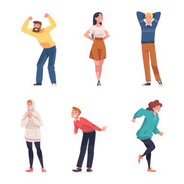 Heyecanlı Erkek ve Kadın Pozitif Hareketi Hissetme Mutluluğu ve Joy Vector İllüstrasyon Seti. Genç Adam ve Kadın Neşeleniyor Sözsüz İletişim Konseptini Gösteriyorlar