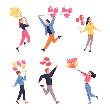 Erkek ve Kadın Doğum Günü Vektör İllüzyonu Seti. Genç Heyecanlı Erkek ve Kadın Kutlama Konseptine Bağlandı