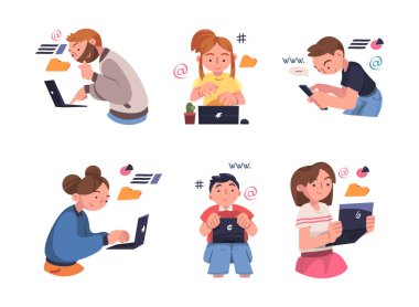 Verileri Analiz Etme ve İnternet Vector İllüstrasyon Seti ile Çalışan Erkek ve Kadın Karakteri. Genç Erkek ve Kadın Ağ Konseptinde Çevrimiçi Arama Yapıldı