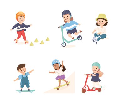 Scooter 'da Küçük Kız ve Oğlan ve Kaykay Parkı' nda Eğlence ve Eğlencenin Keyif Verici Vector Set. Komik Çocuk Dublörlük Yapıyor ve Açık Hava Spor Konsepti