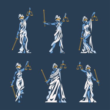 Themis, Antik Yunan Tanrıçası ve Kadın Adaleti 'nin Gözü Bağlı Ölçekleri ve Kılıç Vektör İllüstrasyon Kümesi. İlahi Yasa ve Düzenin Kişileştirilmesi