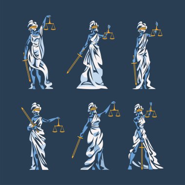 Themis, Antik Yunan Tanrıçası ve Kadın Adaleti 'nin Gözü Bağlı Ölçekleri ve Kılıç Vektör İllüstrasyon Kümesi. İlahi Yasa ve Düzenin Kişileştirilmesi