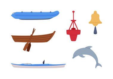 Oar as Watercraft ya da Yüzen Su Gemisi ve Yunus Vektör İllüzyon Kümesi 'ne sahip sürat teknesi ve kayık. Denizcilik ve Denizcilik Endüstrisi Taşımacılığı