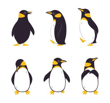 Komik Penguen, Yüzgeçsiz Kuş rolünde Flippers Waddling ve Ayakta Duran Vektör Set. Deniz Habitant Konsepti olarak Sarı Göğüs ve Beyaz Göbekli Sevimli Kuzey Kutup Hayvanı