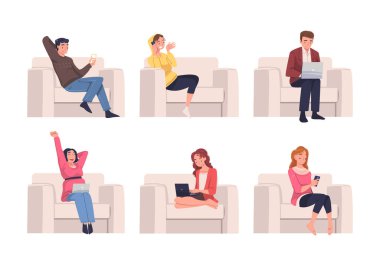 İnternet Bağımlılığı Vektör Kümesi 'nden muzdarip Dijital Aygıtlı İnsanlar Karakteri. Genç Adam ve Kadın Mobil Gadget Konseptini Kullanarak Evde Oturuyorlar