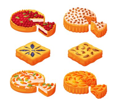 Tatlı Meyve Doldurma ve Krema Vektör Seti ile Pastadan yapılmış Turta. Kısa hamurlu Ev Yapımı Şekerli Tatlı Pastane Yemeği