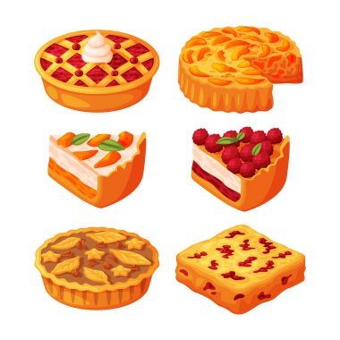 Tatlı Meyve Doldurma ve Krema Vektör Seti ile Pastadan yapılmış Turta. Kısa hamurlu Ev Yapımı Şekerli Tatlı Pastane Yemeği