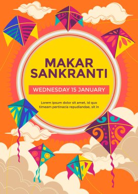İnsanlar Makar Sankranti Festivali sırasında Hindistandaki Poster veya Flyer Design 'da uçurtma uçuruyor.