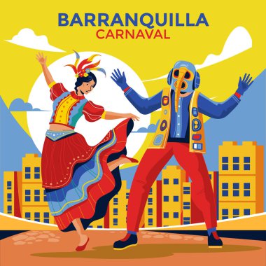 Renkli kostümlü karnaval dansçıları Barranquilla Karnavalı 'ndaki geçit töreninde gösteri yapıyorlar.