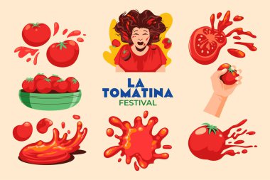 La Tomatina Festivali Domatesler ve kirli insanlarla kurulmuş tasarım elementleri