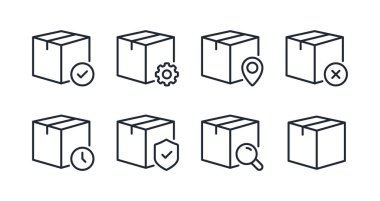 Kutular ve paketler ayarlandı. Sevkiyat ve teslimat konsepti düzenlenebilir çizgi simgeleri beyaz arka plan düz vektör illüstrasyonunda izole edilmiştir. Piksel mükemmel. 64 x 64.