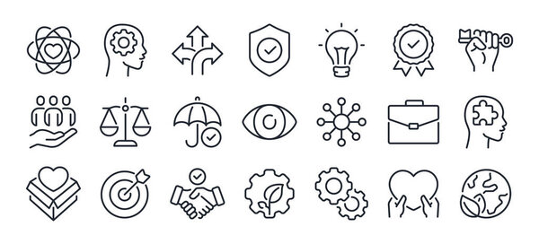 Business ethics and core values editable stroke outline icons set  isolated on white background flat vector illustration. Pixel perfect. 64 x 64.