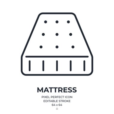 Beyaz arkaplan düz vektör illüstrasyonunda yatak düzenlenebilir çizgi simgesi izole edildi. Piksel mükemmel. 64 x 64.