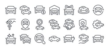 Otomobil ve araba satıcısı düzenlenebilir çizgi simgesi beyaz arka plan düz vektör illüstrasyonunda izole edildi. Piksel mükemmel. 64 x 64.