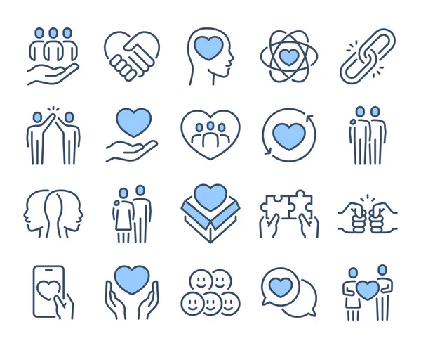Love, friendship, care and charity concept blue editable stroke outline icons set isolated on white background flat vector illustration. Pixel perfect. 64 x 64.	