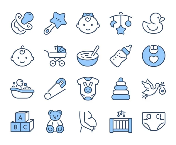 Baby care blue editable stroke outline icons set isolated on white background flat vector illustration. Pixel perfect. 64 x 64.	