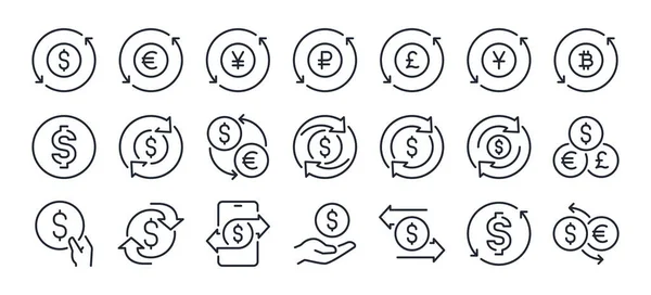 货币和货币兑换可编辑笔划图标孤立在白色背景平面矢量插图 Pixel完美 — 图库矢量图片