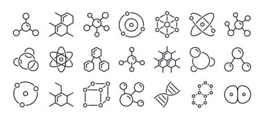 Molekül, hücre, atom, protein düzenlenebilir çizgi simgeleri beyaz arka plan düz vektör illüstrasyonunda izole edildi. Piksel mükemmel. 64 x 64.