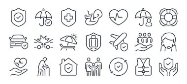 Sigorta, politika, risk konsepti düzenlenebilir çizgi simgeleri beyaz arka plan düz vektör illüstrasyonunda izole edildi. Piksel mükemmel. 64 x 64.