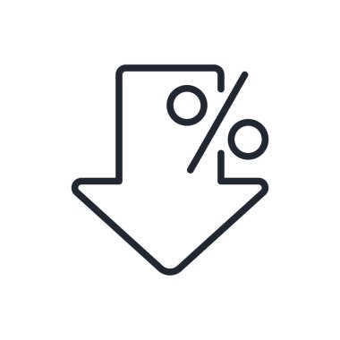 Beyaz arkaplan düz vektör illüstrasyonunda izole edilmiş yüzde aşağı ok işareti düzenlenebilir çizgi simgesi. Piksel mükemmel. 64 x 64