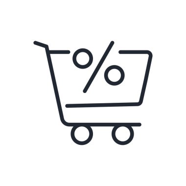 Yüzde işareti olan bir alışveriş arabası. İndirimli konsept düzenlenebilir çizgi simgesi beyaz arka plan düz vektör illüstrasyonunda izole edildi. Piksel mükemmel. 64 x 64