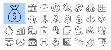 Banka, ödeme, para ve finansal olarak düzenlenebilir çizgi simgeleri beyaz arka plan düz vektör illüstrasyonunda izole edildi. Piksel mükemmel. 64 x 64